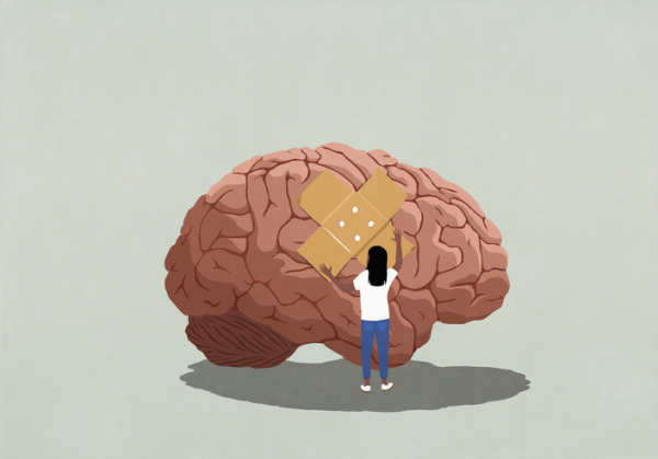 Illustration of a tiny person with black hair putting two crossed bandages on a large, pink injured brain; concept is concussion